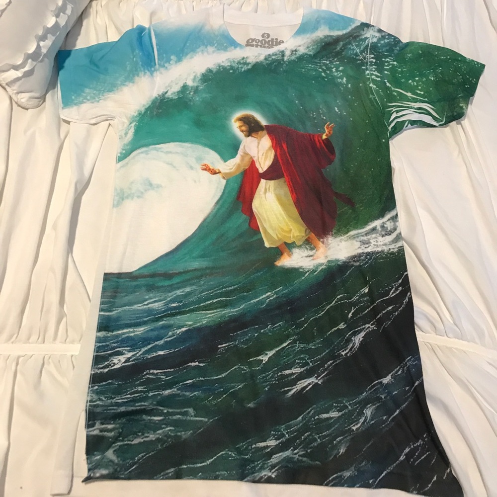 Great conversation T-shirt! Jesus on a surf board!